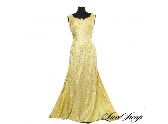 GORGEOUS VINTAGE CHARTREUSE SATIN GOLD FLECKED BAROQUE GOWN