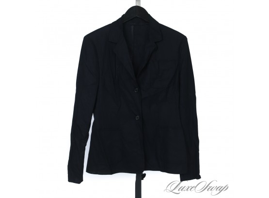JUST BEAUTIFUL : MODERN AND ANONYMOUS BLACK UNLINED CREPE DRAPED PATCH POCKET BLAZER JACKET