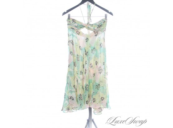 THE RESERVE VINTAGE COLLECTION : 1990S JILL STUART 100 PERCENT SILK GREEN AND PINK FLORAL CHIFFON DRESS