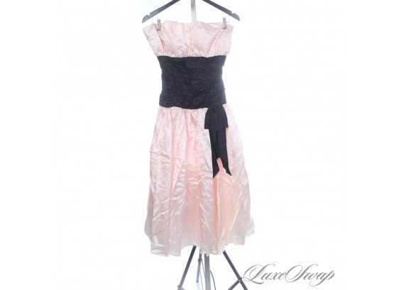THE RESERVE VINTAGE COLLECTION : 1980S BABY PINK SATIN STRAPLESS BABYDOLL DRESS WITH BLACK RUCHED SASH