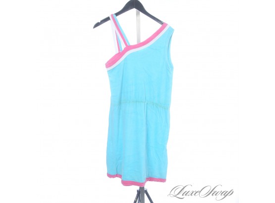THE RESERVE VINTAGE COLLECTION : 1980S AQUA BLUE PINK TRIMMED TERRYCLOTH ASYMMETRICAL TENNIS DRESS