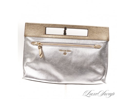 BRAND NEW WITHOUT TAGS MICHAEL KORS 2020 GALAXY SILVER LEATHER GOLD TOP HANDLE XL CLUTCH BAG