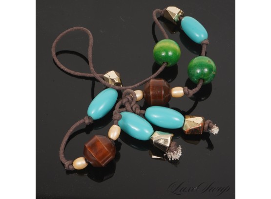 AWESOME AND LIKE NEW TRIBAL TURQUOISE GREEN AND PLUM PAINTED WOOD TOGGLE LEATHER STRAND LONG NECKLACE