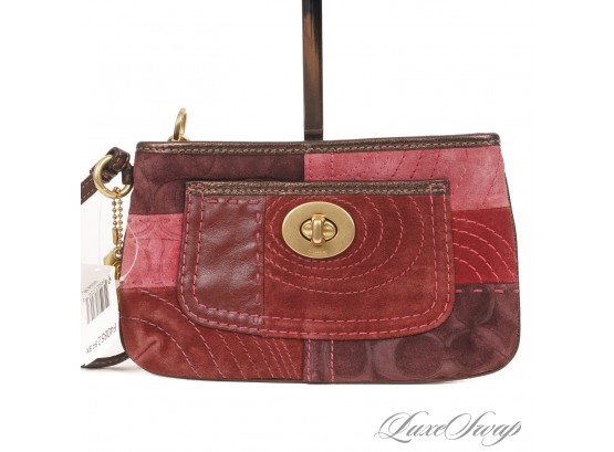 BRAND NEW WITH TAGS $128 COACH WINE PINK MULTI SUEDE PATCHWORK TURNLOCK SMALL WRISTLET BAG