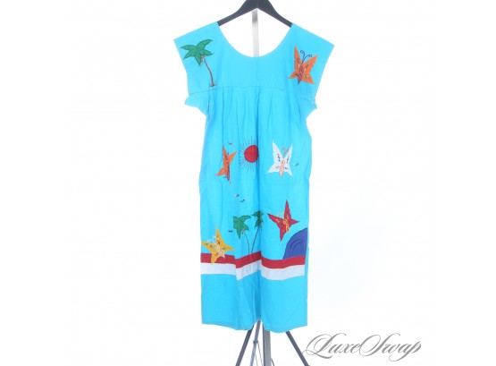 THE RESERVE VINTAGE COLLECTION : 1970S 1980S TURQUOISE COTTON EMBROIDERED BUTTERFLY THEME SACK DRESS