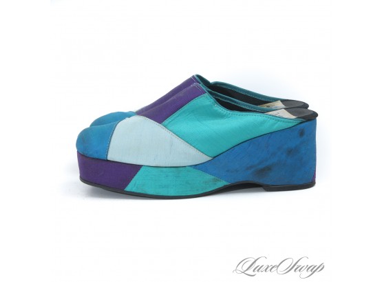 THE RESERVE VINTAGE COLLECTION : 1960S / 70S SAKS FIFTH AVENUE TURQUOISE SHANTUNG PATCHWORK PLATFORM MULES ! 7