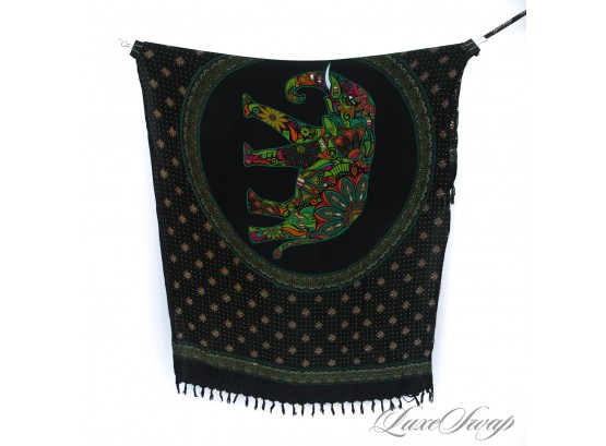 SUMMER NIGHTS ON THE BEACH : MASSIVE BLACK GROUND NEON SPOTTED PSYCHEDELIC FLORAL WRAP SHAWL SCARF