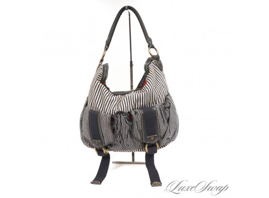 PERFECT SUMMER : MARC JACOBS WHITE AND NAVY RAILROAD STRIPE CANVAS LEATHER TRIMMED SLOUCHY HOBO BAG