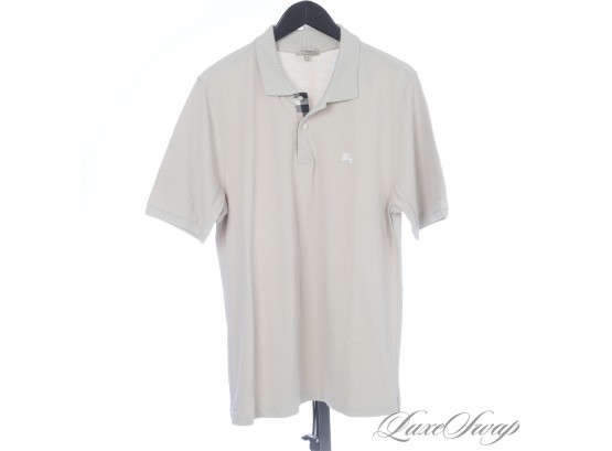 THE ONE EVERYONE WANTS! AUTHENTIC BURBERRY LONDON MENS LIKE NEW PUTTY STONE POLO SHIRT WITH TARTAN PLACKET L
