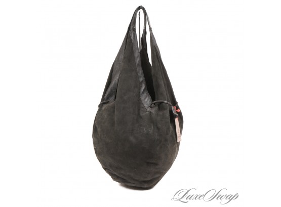 BRAND NEW WITH TAGS BECK SONDERGAARD COPENHAGEN CHARCOAL CHEVRE SUEDE DOUBLE HANDLE LARGE FEEDER SLOUCH BAG