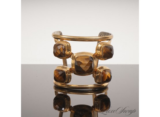 OUTSTANDING AND LIKE NEW GOLD TONE TIGER EYE 5 POINTED STONE CABOCHON WIDE CUFF BRACELET