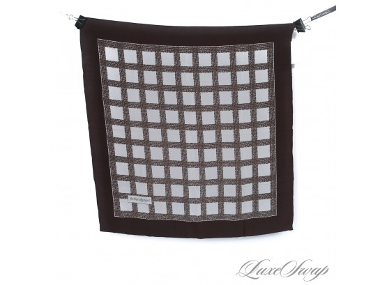 VINTAGE 1970S 1980S AUTHENTIC YVES SAINT LAURENT BROWN AND WHITE HAND ROLLED SILK STATIC WINDOWPANE SCARF