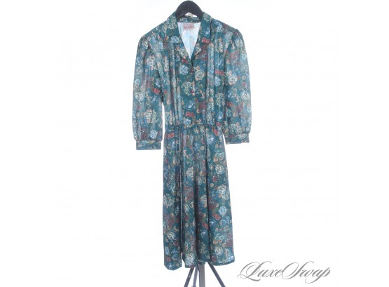 THE RESERVE VINTAGE COLLECTION : 1970S 1980S CALIFORNIA LOOKS MADE IN USA TEAL GREEN FLORAL BELTED DRESS