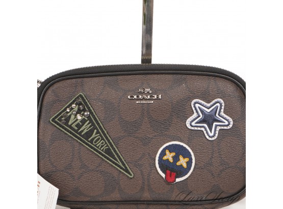 BRAND NEW WITH TAGS $225 AUTHENTIC COACH BROWN MONOGRAM CANVAS VARSITY PATCH DOUBLE SIDED MINI CLUTCH BAG