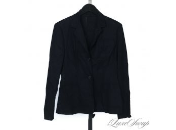 JUST BEAUTIFUL : MODERN AND ANONYMOUS BLACK UNLINED CREPE DRAPED PATCH POCKET BLAZER JACKET