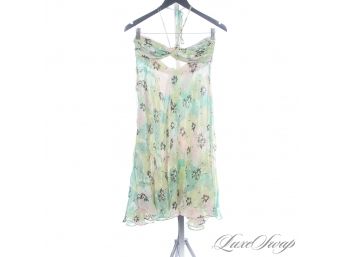 THE RESERVE VINTAGE COLLECTION : 1990S JILL STUART 100 PERCENT SILK GREEN AND PINK FLORAL CHIFFON DRESS