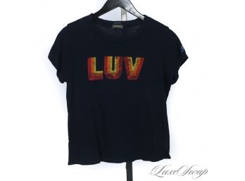 WELL THIS WASNT CHEAP : MOTHER MADE IN USA NAVY BLUE VINTAGE FONT 'LUV' RAINBOW SPELLOUT WOMENS TEE SHIRT S