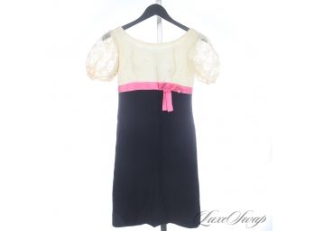 THE RESERVE VINTAGE COLLECTION : 1960S/70S WHITE LACE TOP / BLACK BOTTOM DRESS WITH PINK BOW