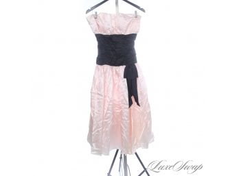 THE RESERVE VINTAGE COLLECTION : 1980S BABY PINK SATIN STRAPLESS BABYDOLL DRESS WITH BLACK RUCHED SASH