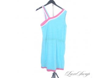 THE RESERVE VINTAGE COLLECTION : 1980S AQUA BLUE PINK TRIMMED TERRYCLOTH ASYMMETRICAL TENNIS DRESS