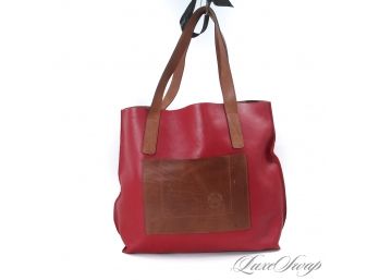PERFECT FOR EVERYDAY : HUGE 18' ARTISAN MADE IN COSTA RICA LIPSTICK RED AND BROWN TRIM LARGE TOTE BAG