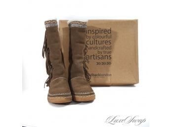 LIKE NEW IN BOX LAIDBACK LONDON 'AMANI' SIDE FRINGE CREPE SOLE BROWN SHEARLING INDIAN MOCCASIN BOOTS 37
