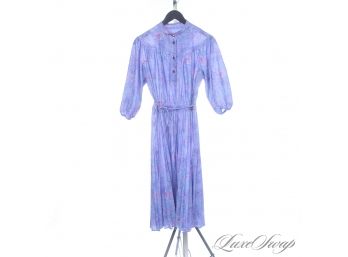 THE RESERVE VINTAGE COLLECTION : 70S/80S MS. SUGAR PURPLE BRUSHSTROKE FLORAL PRINT 3/4 SLEEVE BELTED DRESS 14