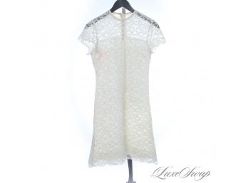 THE RESERVE VINTAGE COLLECTION : 1970S WHITE / CREAM LACE SILVER TINSEL DRESS WITH PEARL BUTTONS