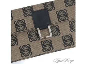 VERY RARE : LIKE NEW AND RECENT LOEWE MADRID TAUPE MONOGRAM CANVAS AND LEATHER SLIM 9.5' FLAP CLUTCH