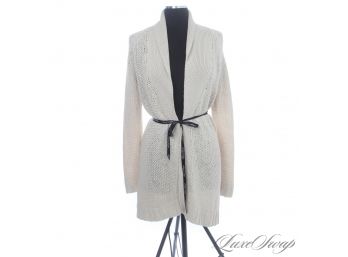 GORGEOUS LUXE : THEORY LINEN AND SILK OPEN KNIT OATMEAL BUTTONLESS SWING LONG CARDIGAN JACKET SWEATER M