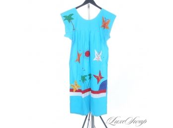 THE RESERVE VINTAGE COLLECTION : 1970S 1980S TURQUOISE COTTON EMBROIDERED BUTTERFLY THEME SACK DRESS