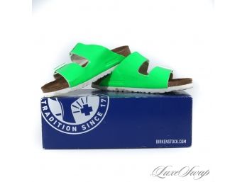 LIKE NEW IN BOX BIRKENSTOCK MADE IN GERMANY RECENT NEON GREEN PATENT ARIZONA BS DOUBLE STRAP SANDALS 37
