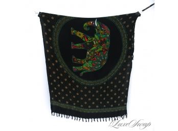 SUMMER NIGHTS ON THE BEACH : MASSIVE BLACK GROUND NEON SPOTTED PSYCHEDELIC FLORAL WRAP SHAWL SCARF
