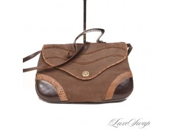 VINTAGE 1980S 1990S WILMA SPAGLI MADE IN ITALY BROWN SUEDE, SNAKESKIN AND LEATHER WAVE FLAP TURNLOCK BAG
