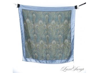 GORGEOUS VINTAGE LIBERTY OF LONDON MADE IN ENGLAND BLUE AND GREEN ORNATE PEACOCK FEATHER PRINT SILK SCARF