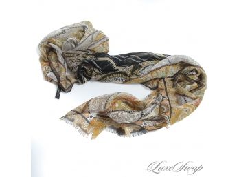 GORGEOUS ETRO MADE IN ITALY PURE SILK CHIFFON BLACK GOLD/MULTI SIGNATURE DRIPPING PAISLEY LONG SHAWL SCARF