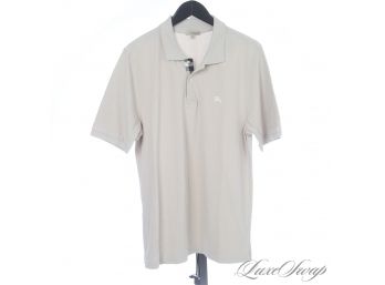 THE ONE EVERYONE WANTS! AUTHENTIC BURBERRY LONDON MENS LIKE NEW PUTTY STONE POLO SHIRT WITH TARTAN PLACKET L