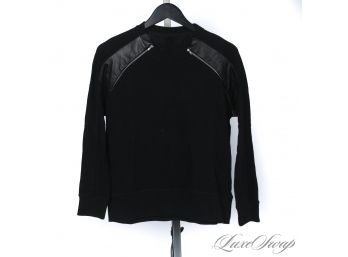 LIKE NEW WITHOUT TAGS THE KOOPLES BLACK RINGSPUN CREWNECK SWEATSHIRT W/ DOUBLE ZIP & LEATHER TRIM SUPER HOT