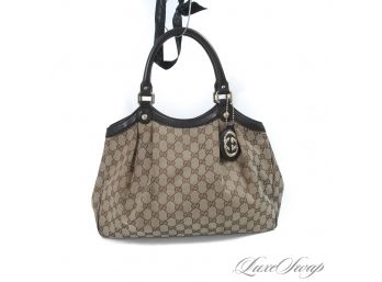 THE ONE EVERYONE WANTS! AUTHENTIC GUCCI MADE IN ITALY 'SUKEY' BROWN MONOGRAM CANVAS TOTE BAG W/CHARM