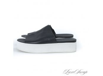 BRAND NEW WITHOUT BOX ONLY TRIED ON RECENT VINCE BLACK NAPPA LEATHER WIDE STRAP WHITE PLATFORM SANDALS