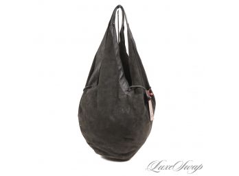 BRAND NEW WITH TAGS BECK SONDERGAARD COPENHAGEN CHARCOAL CHEVRE SUEDE DOUBLE HANDLE LARGE FEEDER SLOUCH BAG