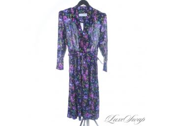 THE RESERVE VINTAGE COLLECTION : 1980S DIANE ROBERTS INDIGO AND PURPLE FLORAL SELF BELTED 3/4 SLEEVE DRESS