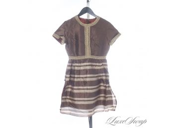 THE RESERVE VINTAGE COLLECTION : 1960S QUAD MADE IN ENGLAND MOD PSYCHEDELIC ERA BROWN SHANTUNG STRIPED DRESS