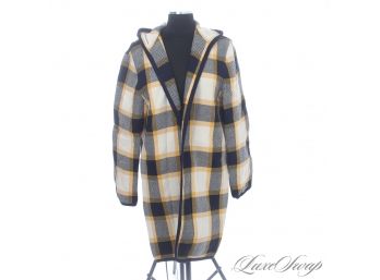 BRAND NEW WITHOUT TAGS AUTHENTIC MICHAEL KORS MADE IN ITALY YELLOW BLACK PLAID TWEED HOODED LONG COAT 6