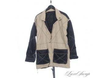 THE RESERVE VINTAGE COLLECTION : 1980S / EARLY 1990S REVERSIBLE KHAKI AND BLACK COLORBLOCK QUILTED SATIN COAT