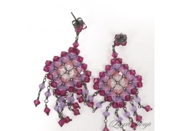 STUNNING AND LIKE NEW MAGENTA AND PINK FACETED CRYSTAL CHANDELIER 2.5' DROP EARRINGS