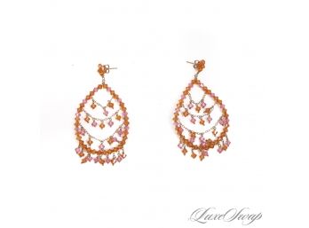 GORGEOUS AND LIKE NEW AMBER AND PINK DIAMOND CUT CRYSTAL OVAL SHAPED CHANDELIER EARRINGS