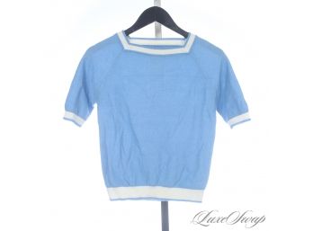 THE RESERVE VINTAGE COLLECTION : ADORABLE 1970S 1980S POOL BLUE STRETCH KNIT BOATNECK SWEATER