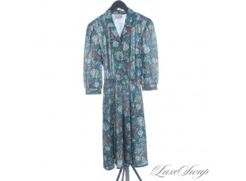 THE RESERVE VINTAGE COLLECTION : 1970S 1980S CALIFORNIA LOOKS MADE IN USA TEAL GREEN FLORAL BELTED DRESS