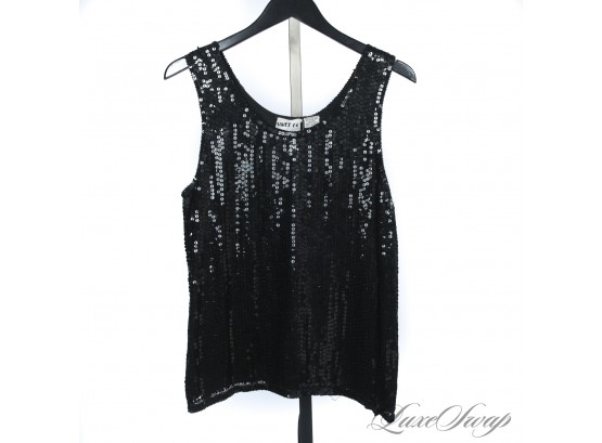 STUDIO 54 CALLED : VINTAGE 1980S SWEE-LO BLACK PURE SILK TANK TOP WITH FULLY EMBROIDERED SEQUINS M